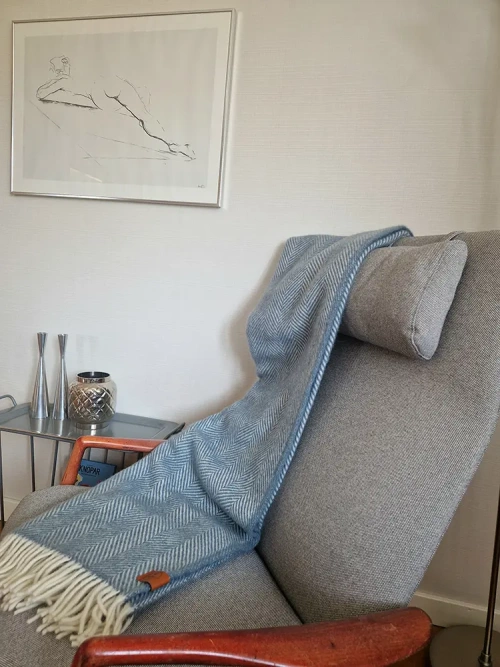 Klippan Yllefabrik Ullfilt Herringbone Bl� Cloudy Blue 130x180